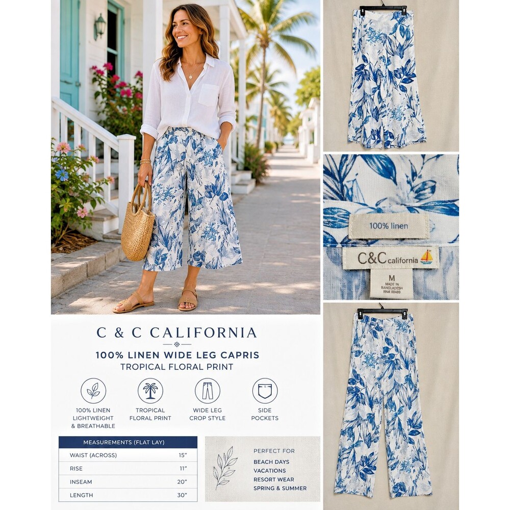 Womens C & C California M 100% Linen Wide Leg Crop Pants Tropical Floral Blue